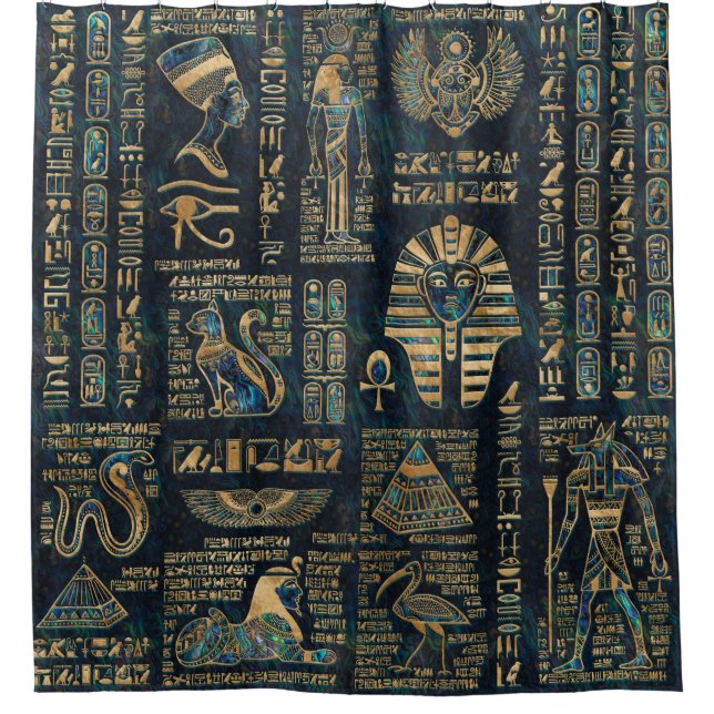 Egyptian hieroglyphs and deities -Abalone and gold Shower Curtain (Front)
