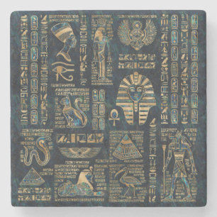 Egyptian hieroglyphs and deities -Abalone and gold Stone Coaster