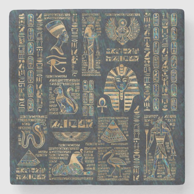 Egyptian hieroglyphs and deities -Abalone and gold Stone Coaster (Front)
