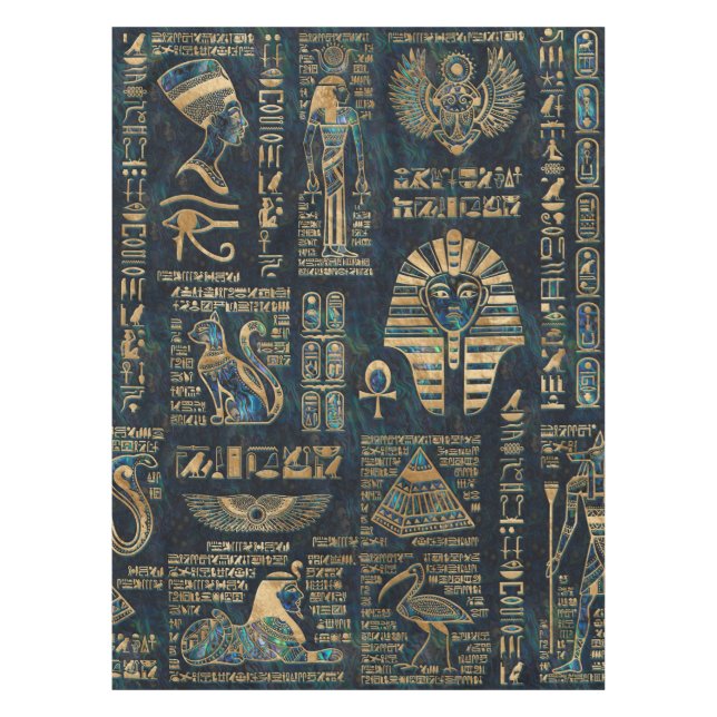 Egyptian hieroglyphs and deities -Abalone and gold Tablecloth (Front)