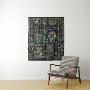 Egyptian hieroglyphs and deities -Abalone and gold Tapestry