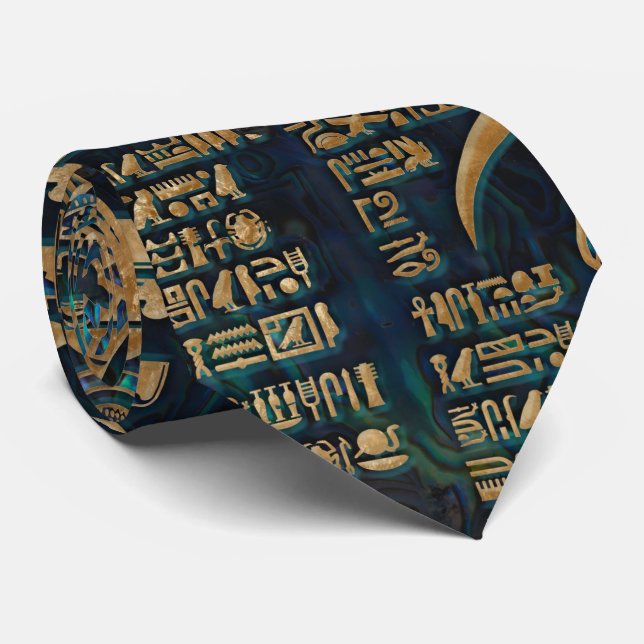 Egyptian hieroglyphs and deities -Abalone and gold Tie (Rolled)