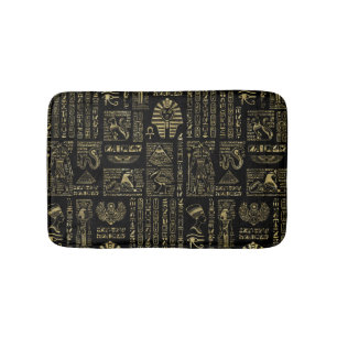 Egyptian hieroglyphs and deities gold on black bath mat