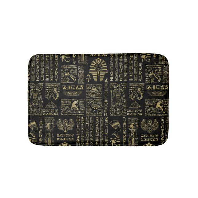 Egyptian hieroglyphs and deities gold on black bath mat (Front)