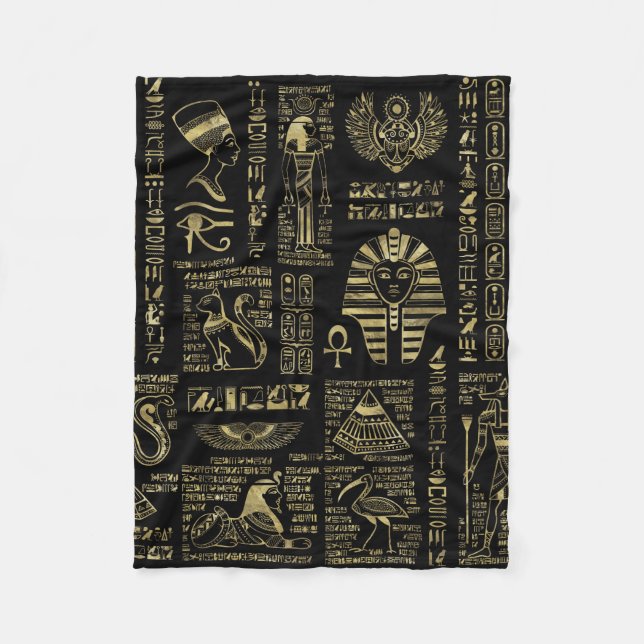 Egyptian hieroglyphs and deities gold on black fleece blanket (Front)