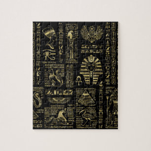 Egyptian hieroglyphs and deities gold on black jigsaw puzzle