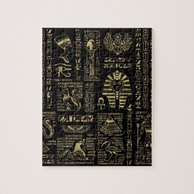 Egyptian hieroglyphs and deities gold on black jigsaw puzzle (Vertical)