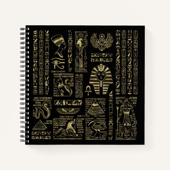 Egyptian hieroglyphs and deities gold on black notebook (Front)
