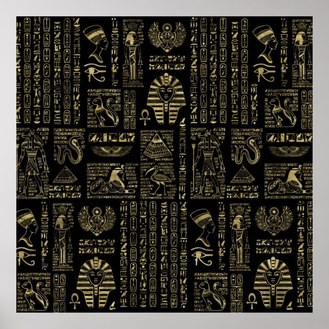 Egyptian hieroglyphs and deities gold on black poster (Front)