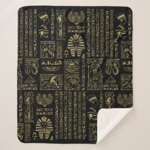 Egyptian hieroglyphs and deities gold on black sherpa blanket
