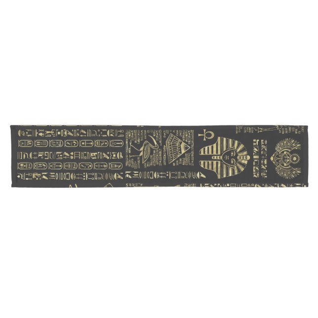 Egyptian hieroglyphs and deities gold on black short table runner (Horizontal)