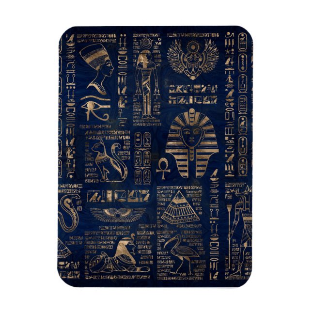 Egyptian hieroglyphs and deities-gold on marble magnet (Vertical)
