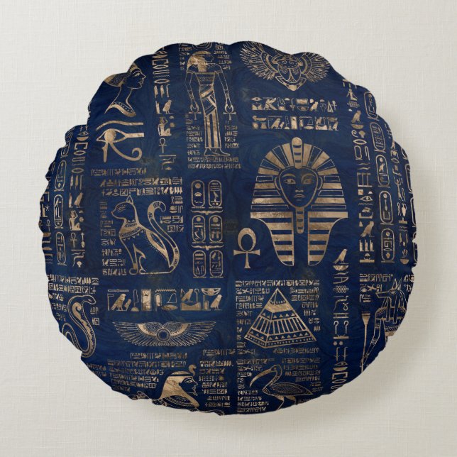 Egyptian hieroglyphs and deities-gold on marble round cushion (Front)