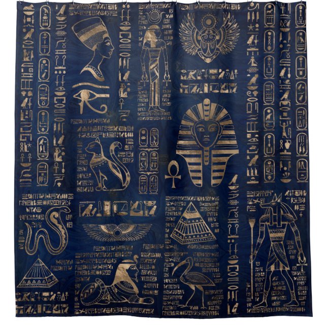 Egyptian hieroglyphs and deities-gold on marble shower curtain (Front)