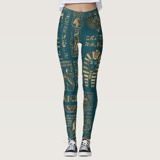 Egyptian hieroglyphs and deities - Gold on teal Leggings (Front)