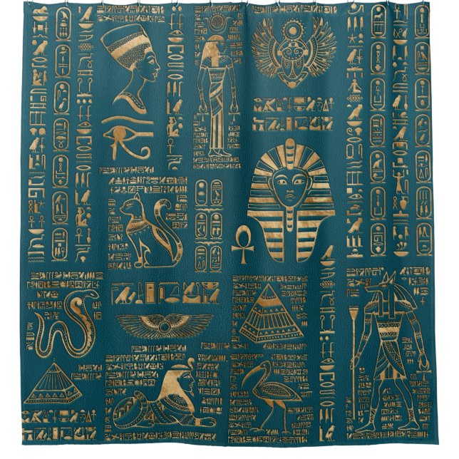 Egyptian hieroglyphs and deities - Gold on teal Shower Curtain (Front)