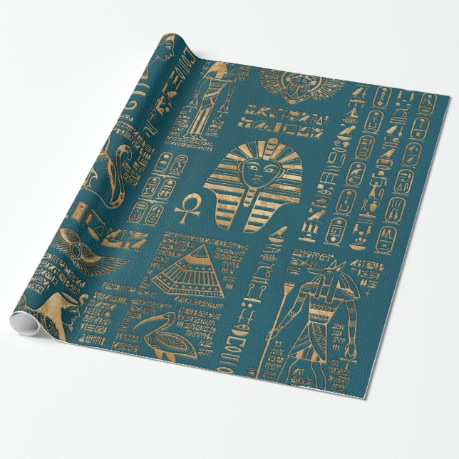 Egyptian hieroglyphs and deities - Gold on teal Wrapping Paper (Unrolled)