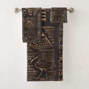Egyptian hieroglyphs and deities - gold on wood bath towel set