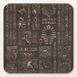 Egyptian hieroglyphs and deities - gold on wood square paper coaster