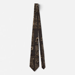 Egyptian hieroglyphs and deities - gold on wood tie