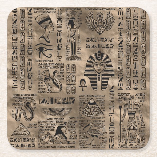 Egyptian hieroglyphs and deities - Luxury Gold Square Paper Coaster (Front)