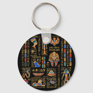 Egyptian hieroglyphs and deities on black key ring