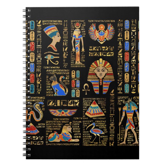 Egyptian hieroglyphs and deities on black notebook (Front)