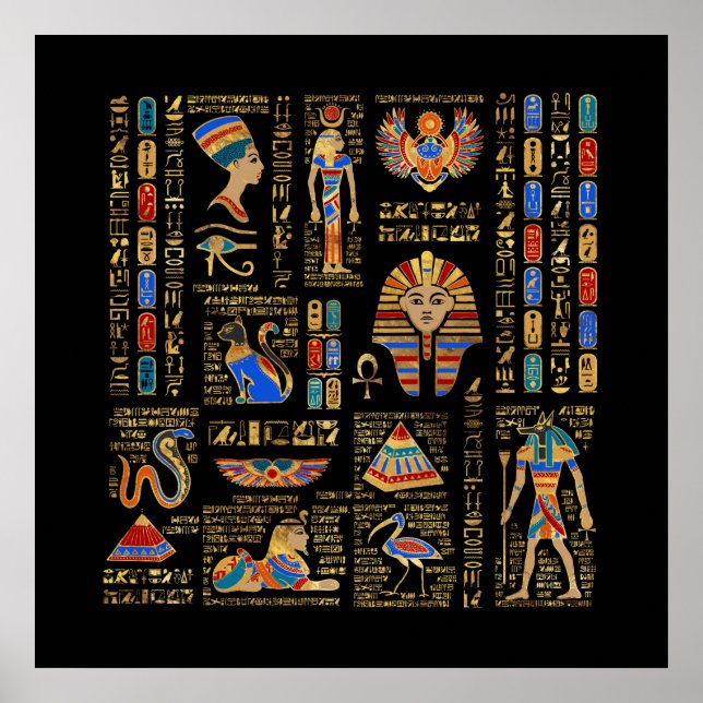 Egyptian hieroglyphs and deities on black poster (Front)