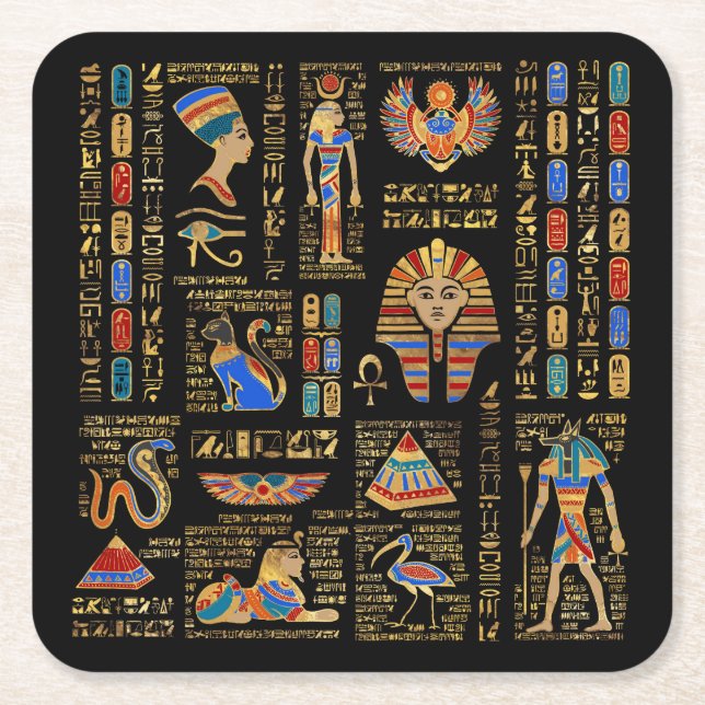 Egyptian hieroglyphs and deities on black square paper coaster (Front)