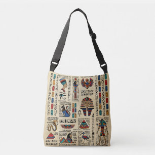 Egyptian hieroglyphs and deities on papyrus crossbody bag