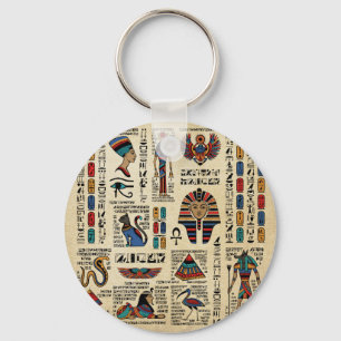 Egyptian hieroglyphs and deities on papyrus key ring