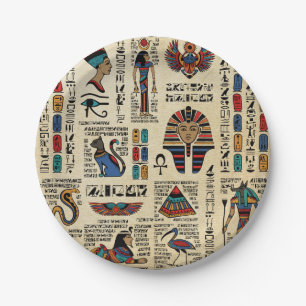 Egyptian hieroglyphs and deities on papyrus paper plate