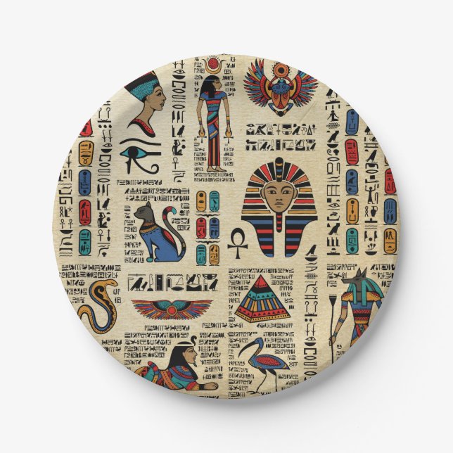 Egyptian hieroglyphs and deities on papyrus paper plate (Front)