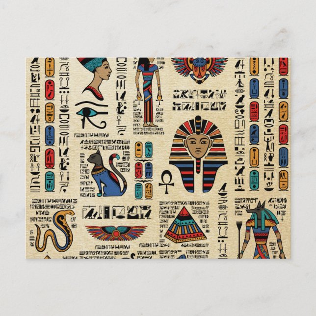 Egyptian hieroglyphs and deities on papyrus postcard (Front)