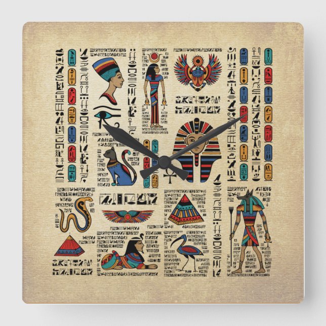 Egyptian hieroglyphs and deities on papyrus square wall clock (Front)