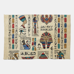 Egyptian hieroglyphs and deities on papyrus tea towel