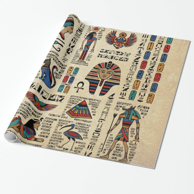 Egyptian hieroglyphs and deities on papyrus wrapping paper (Unrolled)