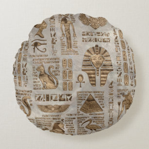 Egyptian hieroglyphs and deities -Vintage Gold Round Cushion