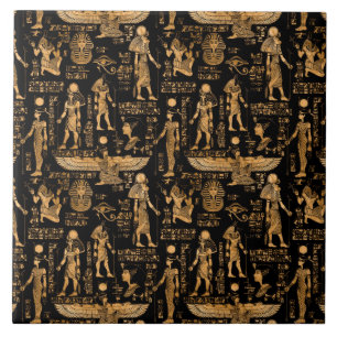 Egyptian hieroglyphs and Gods gold and black Ceramic Tile