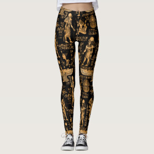 Egyptian hieroglyphs and Gods gold and black Leggings