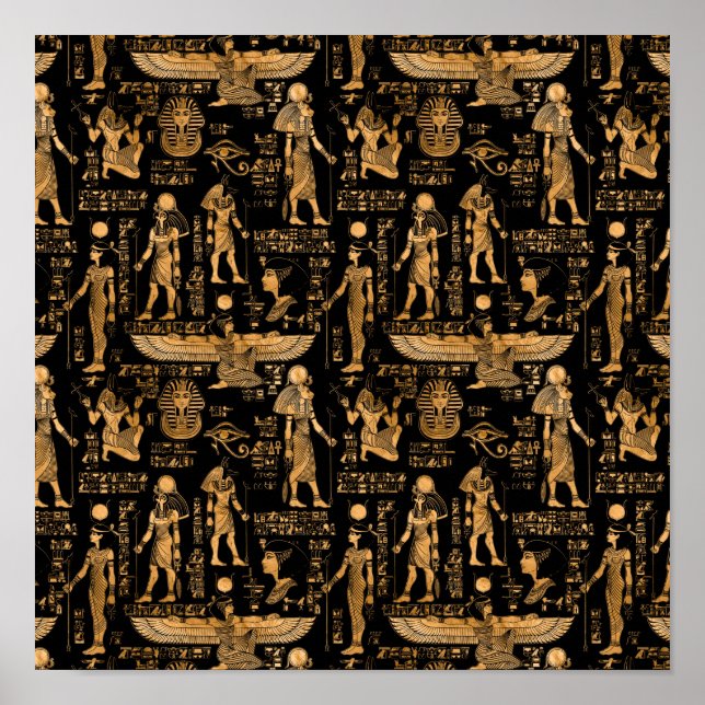 Egyptian hieroglyphs and Gods gold and black Poster (Front)
