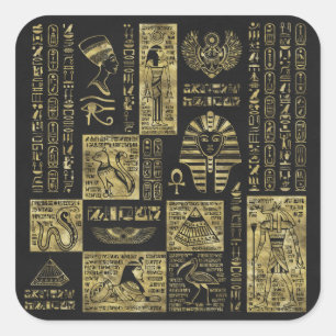 Egyptian hieroglyphs and symbols on black leather square sticker