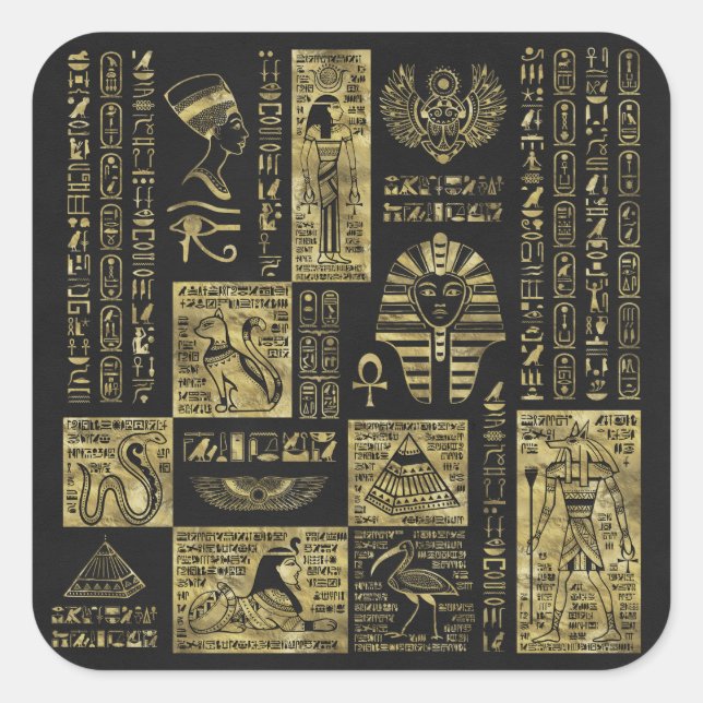 Egyptian hieroglyphs and symbols on black leather square sticker (Front)