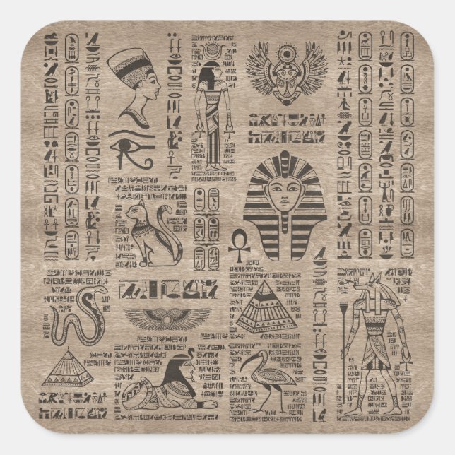 Egyptian hieroglyphs and symbols on wood square sticker (Front)