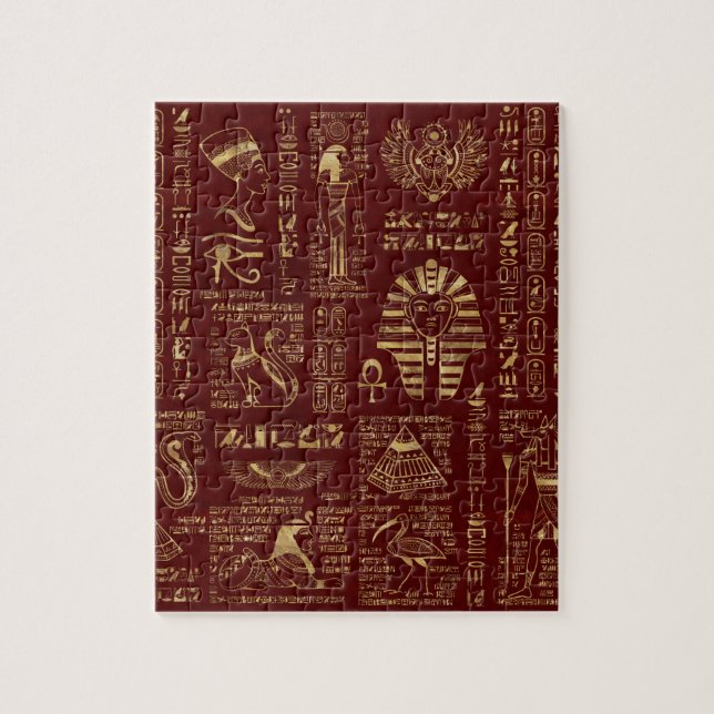 Egyptian hieroglyphs and symbols red leather jigsaw puzzle (Vertical)