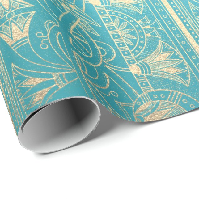 Egyptian Hieroglyphs Gold Foxier Turquoise Ocean Wrapping Paper (Roll Corner)