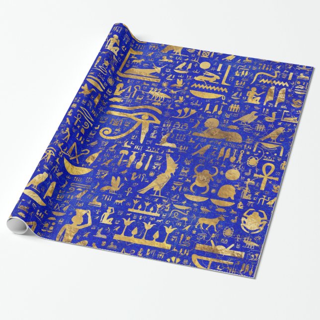 Egyptian hieroglyphs -Lapis Lazuli and Gold Wrapping Paper (Unrolled)