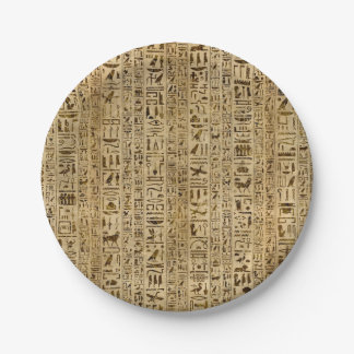 Egyptian hieroglyphs on papyrus paper plate