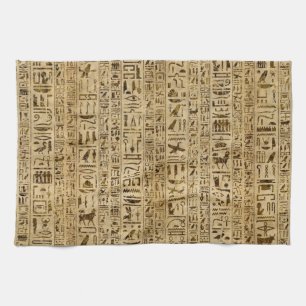 Egyptian hieroglyphs on papyrus tea towel