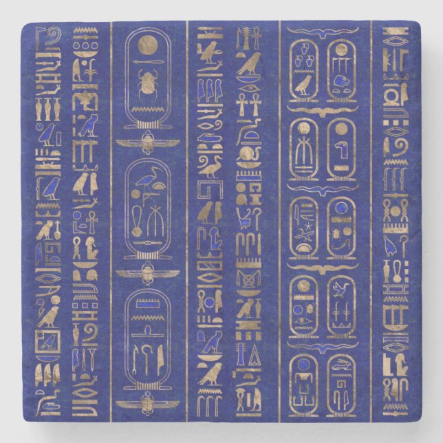 Egyptian hieroglyphs pattern Gold Lapis Lazuli Stone Coaster (Front)